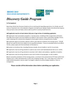 BRONX ZOO  EDUCATION DEPARTMENT’S Discovery Guide Program To The Applicant: