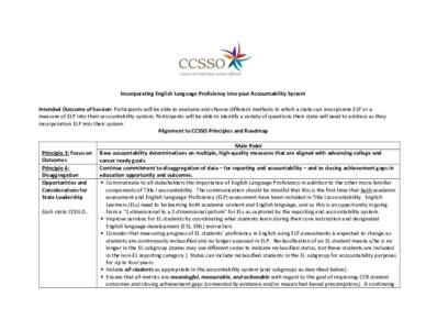 Incorporating English Language Proficiency into your Accountability System Intended Outcome of Session: Participants will be able to evaluate and choose different methods in which a state can incorporate ELP or a measure