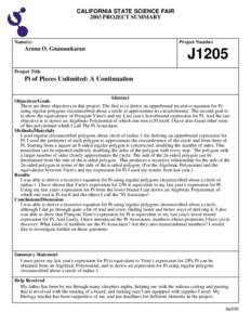 CALIFORNIA STATE SCIENCE FAIR 2003 PROJECT SUMMARY Name(s)  Aruna O. Gnanasekaran