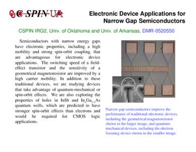 Electronic Device Applications for Narrow Gap Semiconductors CSPIN IRG2, Univ. of Oklahoma and Univ. of Arkansas, DMR[removed]Semiconductors with narrow energy gaps have electronic properties, including a high mobility a