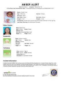 AMBER ALERT Date:[removed]Location: Millersville, TN If You Have Any Information CALL: Tennessee Bureau of Investigation at[removed]or 911 Name: Zaylee Fryar Age: 4 Month(s)