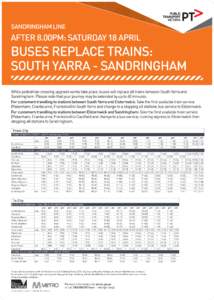 SANDRINGHAM LINE  AFTER 8.00PM: SATURDAY 18 APRIL BUSES REPLACE TRAINS: SOUTH YARRA - SANDRINGHAM