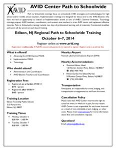 AVID Center Path to Schoolwide Path to Schoolwide trainings focus on schoolwide AVID strategies and methodologies for high school and/or middle school teachers. Implementation trainings are designed for those new to the 