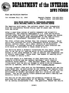 Conservation / Bald Eagle / Haliaeetus / Bald and Golden Eagle Protection Act / Endangered Species Act / Endangered species / DDT / Karl E. Mundt National Wildlife Refuge / Ventana Wildlife Society / Eagles / Conservation in the United States / Environment