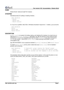Perl versiondocumentation - Module::Build  NAME Module::Build - Build and install Perl modules  SYNOPSIS