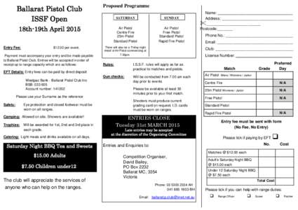 Ballarat Pistol Club ISSF Open 18th-19th April 2015 Entry Fee:  $12.00 per event.