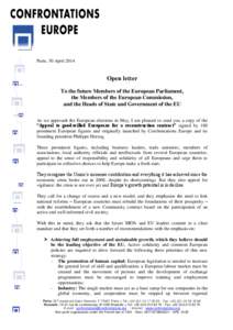 Paris, 30 AprilOpen letter To the future Members of the European Parliament, the Members of the European Commission, and the Heads of State and Government of the EU