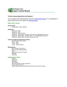 Online License Application and Payment You can apply for the following liquor licenses at www.bls.dor.wa.gov. For a description of each license and its cost, please visit www.liq.wa.gov. Retail Liquor Licenses Grocery St