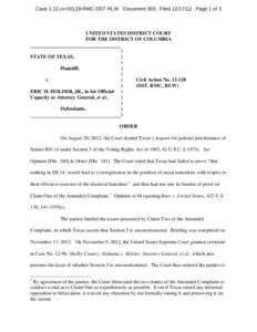 Case 1:12-cv[removed]RMC-DST-RLW Document 365 Filed[removed]Page 1 of 3  UNITED STATES DISTRICT COURT FOR THE DISTRICT OF COLUMBIA  STATE OF TEXAS,