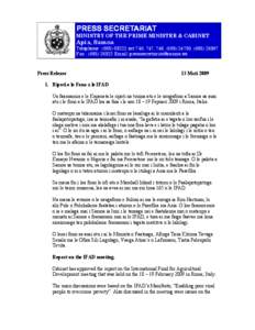 PRESS SECRETARIAT MINISTRY OF THE PRIME MINISTER & CABINET Apia, Samoa  Telephone : ([removed]ext 746, 747, 748, ([removed], ([removed]