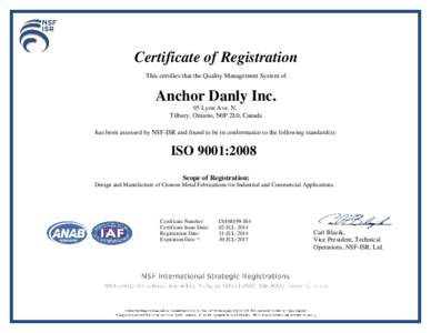 ISO 9001:Anchor Danly - Tilbury, Ontario