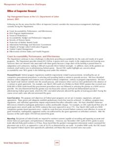 M a n a g e m e n t a n d Pe r f o r m a n c e C h a l l e n g e s  Office of Inspector General Top Management Issues at the U.S. Department of Labor January 2003 Following are the ten areas that the Office of Inspector 