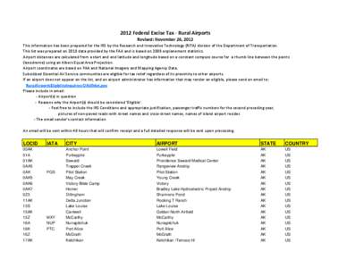 2012 Federal Excise Tax - Rural Airports Revised: November 26, 2012 This information has been prepared for the IRS by the Research and Innovative Technology (RITA) division of the Department of Transportation. This list 