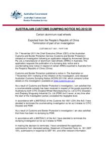 Commerce / Anti-competitive behaviour / Dumping / Pricing / Countervailing duties / Australian Customs and Border Protection Service / U.S. Customs and Border Protection / Export / CITIC Group / International trade / Business / Customs services