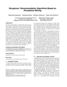 Recsplorer: Recommendation Algorithms Based on Precedence Mining Aditya Parameswaran1 Georgia Koutrika2 Benjamin Bercovitz1 Hector Garcia-Molina1 1  2