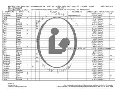 MOUNT CARMEL AREA PUBLIC LIBRARY OBITUARY INDEX AND MCA MILITARY INFO. COMPILED BY ROBERT MILLER COPYRIGHTED[removed]SOUTH OAK ST. AREA NEWSPAPERS COVERING NORTHUMBERLAND, SCHUYLKILL, COLUMBIA COUNTY MOUNT CARMEL, P