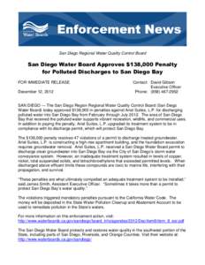 San Diego Regional Water Quality Control Board  San Diego Water Board Approves $138,000 Penalty for Polluted Discharges to San Diego Bay FOR IMMEDIATE RELEASE December 12, 2012