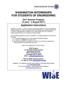 WASHINGTON INTERNSHIPS FOR STUDENTS OF ENGINEERING 2017 Summer Program (4 June – 4 AugustApplication Instructions