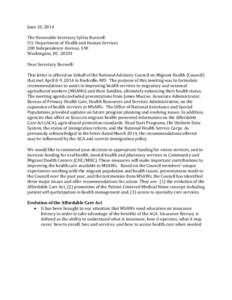 National Advisory Council on Migrant Health letter to the Secretary of Health & Human Services June 10, 2014