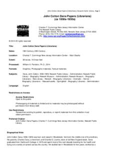     John Cotton Dana Papers (Librariana), Newark Public Library, Page 1    John Cotton Dana Papers (Librariana) (ca 1850s-1930s)
