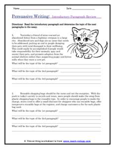 Persuasive Writing:  Introductory Paragraph Review