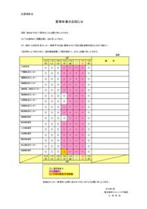 お客様各位  夏季休業のお知らせ 拝啓　貴社ますますご清栄のこととお喜び申し上げます。 日ごろは格別のご愛顧を賜り、お礼申し上げます。