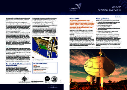ASKAP Technical overview To synchronise the array, high quality local oscillator signals will be sent from a central master timebase, an ultra pure 16 MHz carrier. Connecting antennas to the central site digital signal