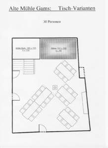 Alte Mühle Gams: Tisch-Varianten 30 Personen Mühle-Stuhl 285 x 205