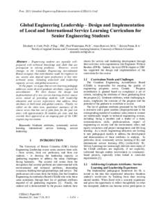 Proc[removed]Canadian Engineering Education Association (CEEA13) Conf.  Global Engineering Leadership – Design and Implementation of Local and International Service Learning Curriculum for Senior Engineering Students Eli