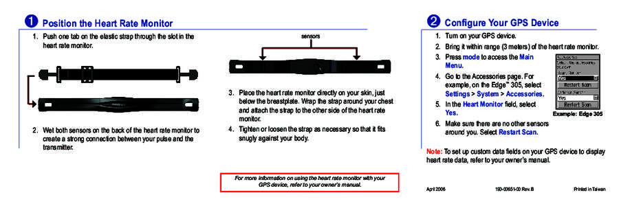 ➊ Position the Heart Rate Monitor 1. Push one tab on the elastic strap through the slot in the heart rate monitor. 2. Wet both sensors on the back of the heart rate monitor to create a strong connection between your pu