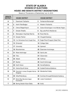 STATE OF ALASKA DIVISION OF ELECTIONS HOUSE AND SENATE DISTRICT DESIGNATIONS Based on “Proclamation of Redistricting” July 14, 2013 SENATE DISTRICT