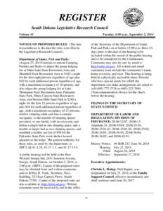 REGISTER South Dakota Legislative Research Council Volume 41 Tuesday, 8:00 a.m., September 2, 2014