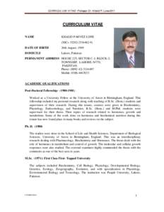 CURRICULUM VITAE: Professor Dr. Khalid P. Lone[removed]CURRICULUM VITAE NAME  KHALID PARVEZ LONE