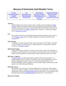 Glossary of Commonly Used Weather Terms Advisory Hurricane/Typhoon Landfall Storm Warning