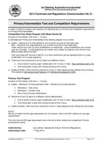 Ice Skating Australia Incorporated Affiliated to the International Skating Union 2013 Technical and Regulations Communication No 51  Primary/Intermediate Test and Competition Requirements