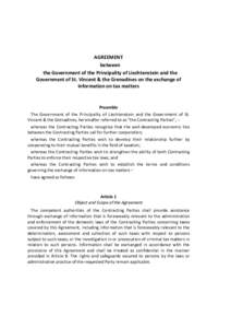 AGREEMENT between the Government of the Principality of Liechtenstein and the Government of St. Vincent & the Grenadines on the exchange of information on tax matters