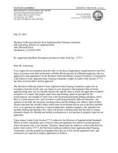 STATE OF CALIFORNIA DEPARTMENT OF INDUSTRIAL RELATIONS Division of Apprenticeship Standards 455 Golden Gate Avenue, 9th Floor San Francisco, CA[removed]Tel: ([removed]Fax: ([removed]