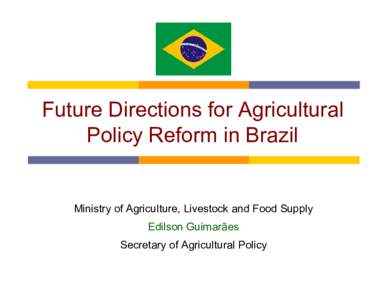 Future Directions for Agricultural Policy Reform in Brazil Ministry of Agriculture, Livestock and Food Supply Edilson Guimarães Secretary of Agricultural Policy