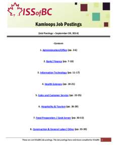 Kamloops Job Postings (Job Postings – September 09, [removed]Content1. Administration/Office (pp[removed]Bank/ Finance (pp. 7-10)