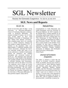 SGL Newsletter Society for Germanic Linguistics Vol. 22, No. 2, FallSGL News and Reports