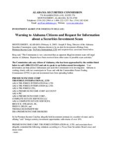 ALABAMA SECURITIES COMMISSION 770 WASHINGTON AVE, SUITE 570 MONTGOMERY, ALABAMA[removed]Telephone: ([removed]or[removed]Fax: ([removed]Email: [removed] Website: www.asc.state.al.us INVESTMEN