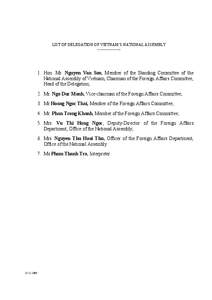 LIST OF DELEGATION OF VIETNAM’S NATIONAL ASSEMBLY ----------------- 1. Hon. Mr. Nguyen Van Son, Member of the Standing Committee of the National Assembly of Vietnam, Chairman of the Foreign Affairs Committee, Head of t