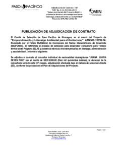 Adjudicación de Contrato – SD TdR No2015 “Enlace territorial del Proyecto ELLAS y asistencia técnica a microempresarias en liderazgo, administración y asociatividad” Proyecto ATN/MENI