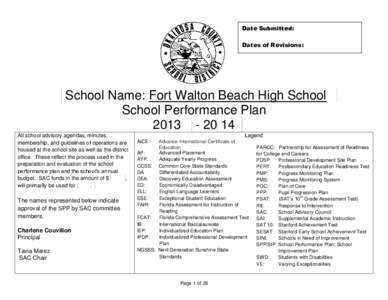 Date Submitted: Dates of Revisions: School Name: Fort Walton Beach High School School Performance Plan[removed]