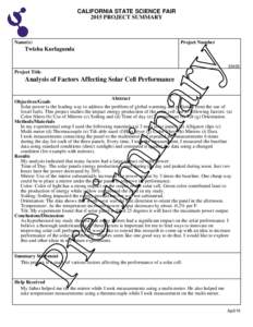 CALIFORNIA STATE SCIENCE FAIR 2015 PROJECT SUMMARY Name(s)  Project Number