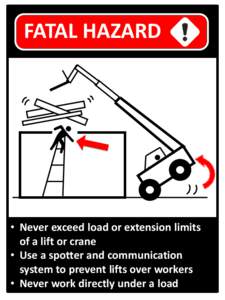FATAL HAZARD  • Never exceed load or extension limits of a lift or crane • Use a spotter and communication system to prevent lifts over workers