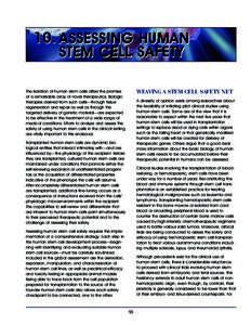 10. ASSESSING HUMAN STEM CELL SAFETY WEAVING A STEM CELL SAFETY NET The isolation of human stem cells offers the promise of a remarkable array of novel therapeutics. Biologic