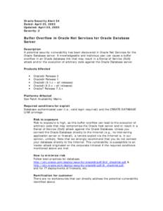 Oracle Security Alert 54 Dated: April 25, 2003 Updated: April 30, 2003 Severity: 2  Buffer Overflow in Oracle Net Services for Oracle Database