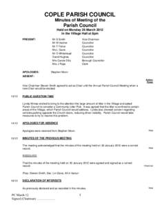 COPLE PARISH COUNCIL Minutes of Meeting of the Parish Council Held on Monday 26 March 2012 in the Village Hall at 8pm