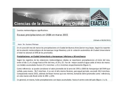 Eventos meteorológicos significativos  Escasas precipitaciones en CABA en marzo 2015  (Editado el Autor: Tec. Gustavo Pittaluga